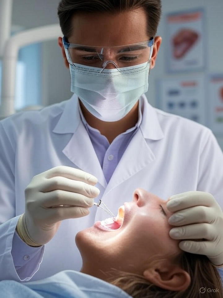 Professional dentist performing in-mouth cementation of a screw-cemented implant prosthesis, with precision tools and a calm patient, set in a clean dental office with Morphodent branding in the background.