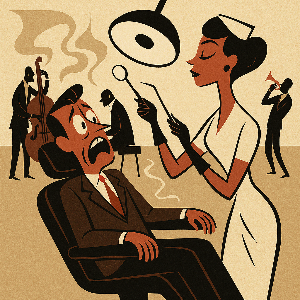 Retro 1950s vector art: anxious man in dentist chair, poised nurse-dentist, jazz trio behind; beige, brown, red palette. dental anesthesia