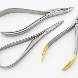 Three orthodontic pliers—Mathieu ligature plier, slim Weingart utility plier, and hard-wire cutter with gold-tipped handles—arranged diagonally on a white background.