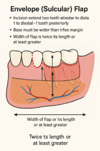 A detailed medical illustration of an envelope (sulcular) flap design around anterior teeth, showing a gingival incision line, a reflected mucoperiosteal flap with a wide vascular base, visible blood vessels beneath the flap, and arrows indicating the ideal proportions and blood flow direction.